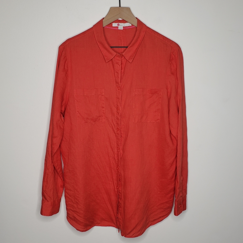 Boden Shirt US 12L Linen Red Orange Button Up Long Sleeve